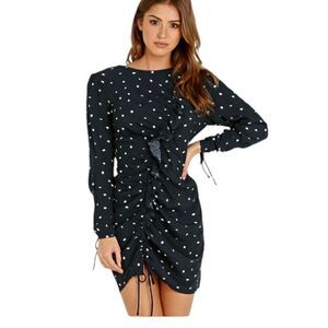 ASTR the Label Maureen Dress Navy Cream Dot ruched mini long sleeve ruffles sz S